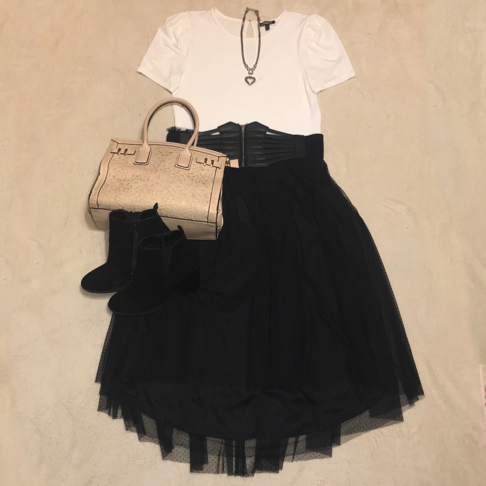 Black Dotted Mesh Flare Midi Skirt